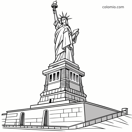 Kolorowanka w formie rysunku konturowego przedstawiająca Statuę Wolności stojącą na cokole, trzymającą wysoko pochodnię i tablicę w jednej ręce.