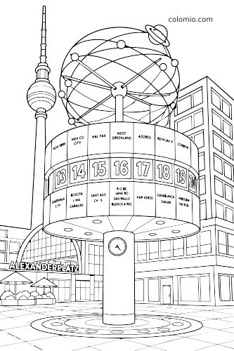 Viivapiirros Alexanderplatzin maailmankellosta Berliinissä, taustalla Fernsehturm, rakennuksia ja kellon yläosan pallorakenne.