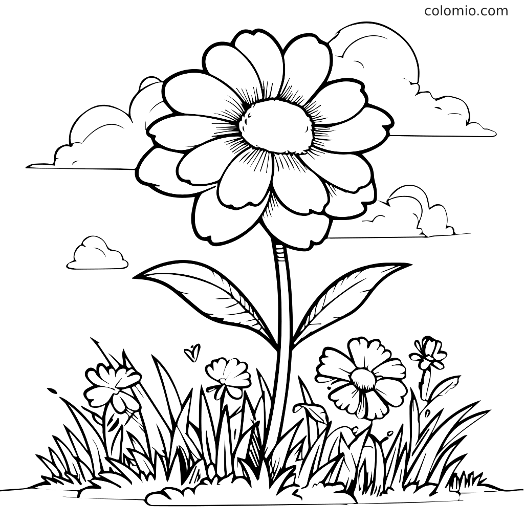 En stor blomst omgitt av mindre blomster og gress under en skyet himmel, klar til å fargelegge.