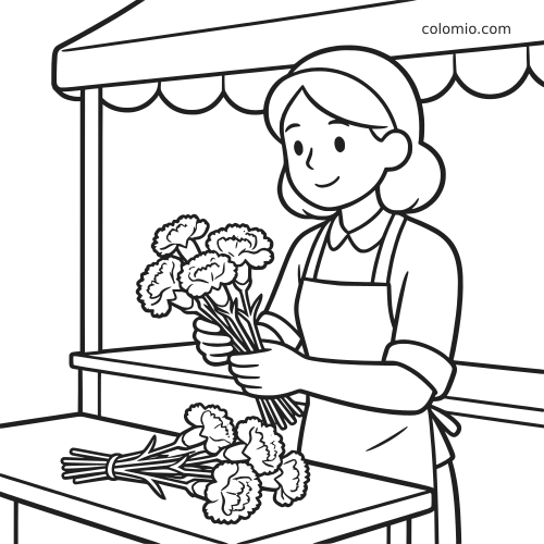 Czarno-biała ilustracja przedstawia kwiaciarkę układającą bukiet goździków na straganie, obok leży drugi bukiet kwiatów.