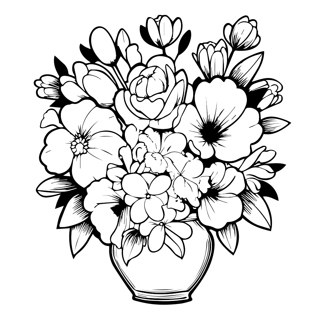 En detaljeret sort-hvid illustration af en blomsterbuket i en vase, perfekt til farvelægning.