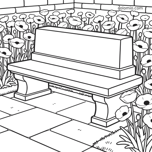 Czarno-biała ilustracja przedstawia kamienną ławkę w ogrodzie pamięci, otoczoną wysokimi makami i brukowaną ścieżką.