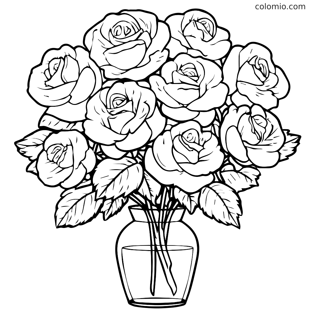 Una pagina da colorare dettagliata con un bouquet di rose in un vaso, perfetta per i bambini.