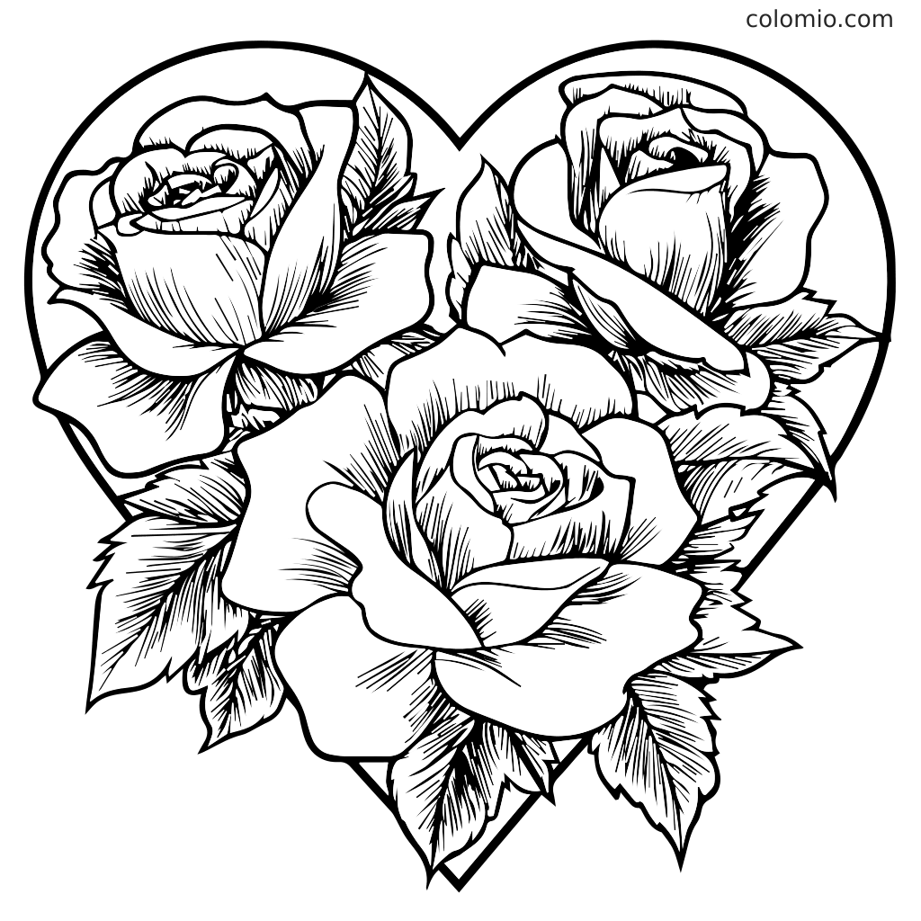 Pagina da colorare con tre rose dettagliate disposte a forma di cuore.