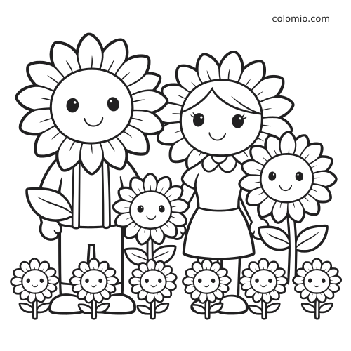 Famiglia di girasoli in stile cartone animato, con due girasoli grandi e piccoli girasoli sorridenti disposti in fila.