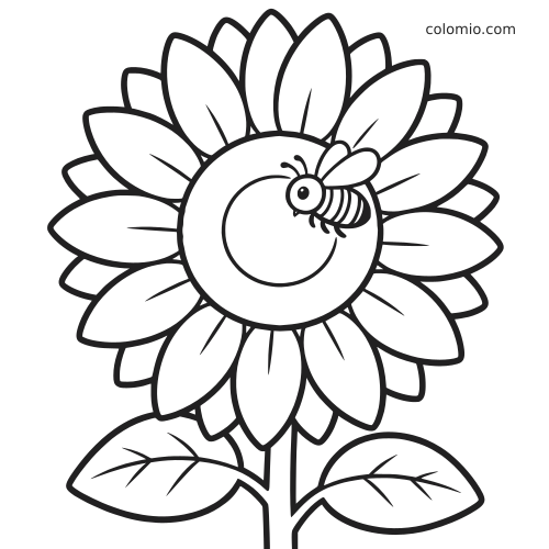 Primo piano di un girasole con petali sovrapposti e una piccola ape vicino al centro, in un semplice contorno in bianco e nero.