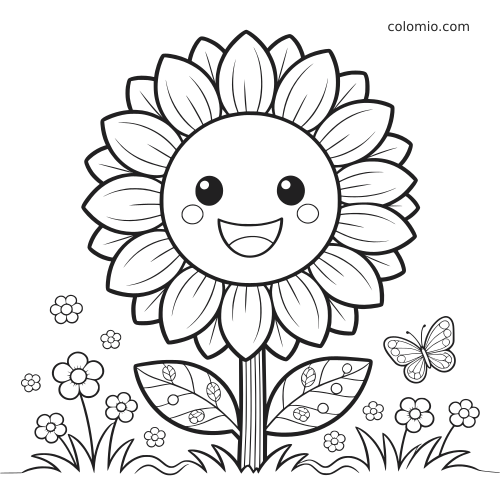 Un girasole sorridente con molti petali è in giardino tra piccoli fiori, erba e una farfalla vicina.