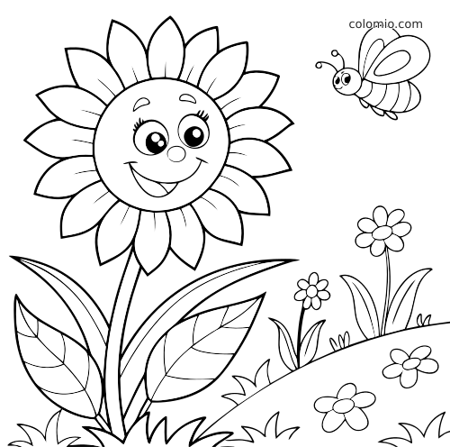 Un girasole sorridente con grandi foglie cresce su una collina erbosa, con piccoli fiori e un'ape che vola accanto.