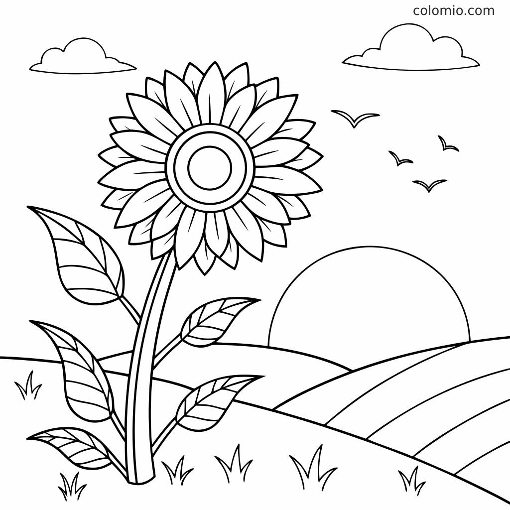 En stor solrosmålarbild med blad, böljande kullar, moln, fåglar och en rund sol i bakgrunden.