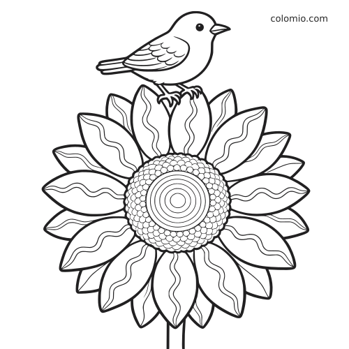 Un piccolo uccellino è posato sopra un grande girasole in primo piano, con petali sovrapposti e dettagli decorativi semplici.
