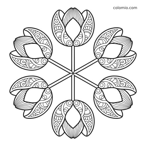 Six tulip flowers arranged in a radial mandala wheel with detailed patterned petals and stems in black outline.