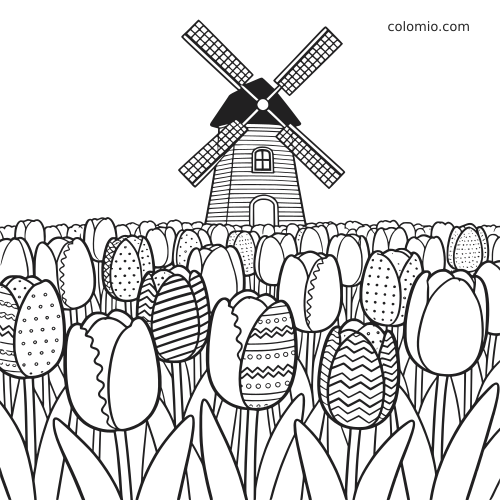 A detailed tulip field fills the foreground with patterned blooms, and a windmill stands centered in the background.