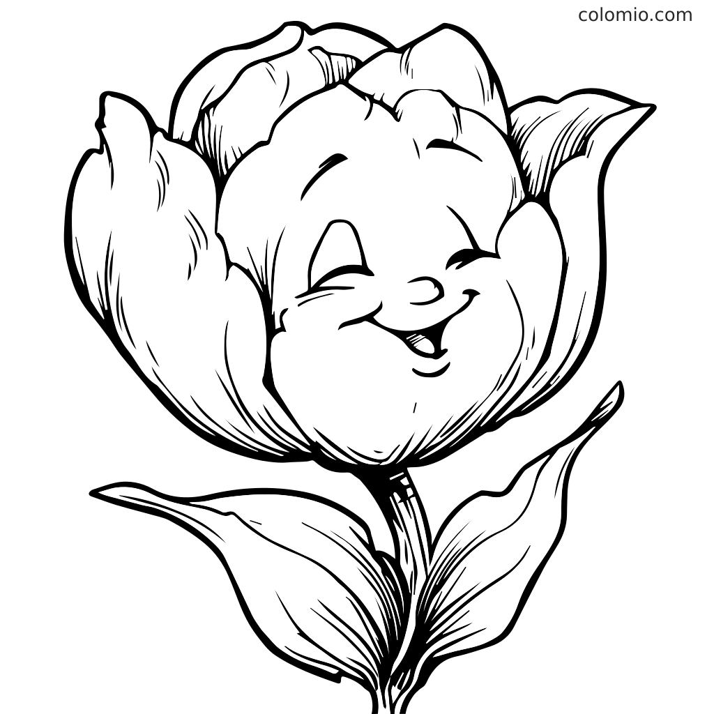 Página de Colorir de Tulipa Feliz para Crianças Uma tulipa alegre com um rosto sorridente, perfeita para as crianças colorirem.