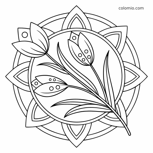 A simple tulip mandala with three tulip blooms and leaves layered over a circular floral pattern in clean black lines.