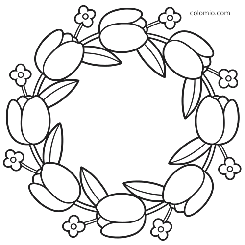 A simple tulip wreath made of rounded tulip blooms, leaves, and small accent flowers arranged in a circular frame.