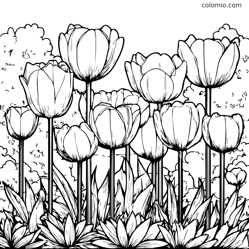 Een gedetailleerde omtrek van verschillende bloemen in een tuin, perfect om in te kleuren.