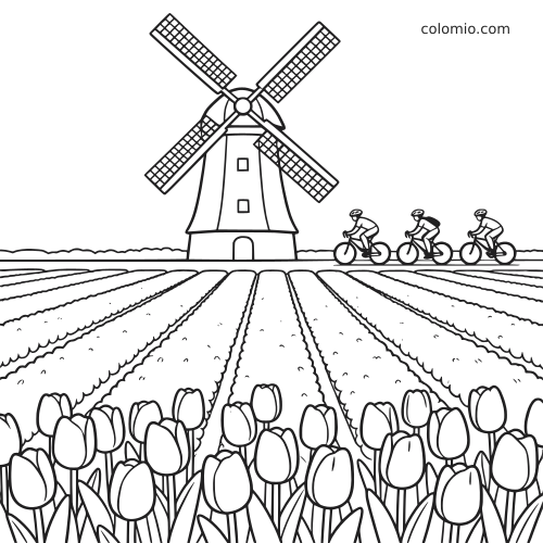 A windmill stands behind long rows of tulips while three cyclists ride past in a simple line art countryside scene.