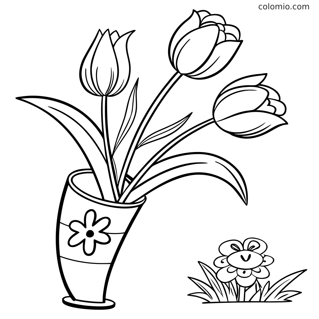 Czarno-biała kolorowanka przedstawiająca trzy tulipany z długimi liśćmi w wazonie oraz mały kwiatek rosnący w trawie.