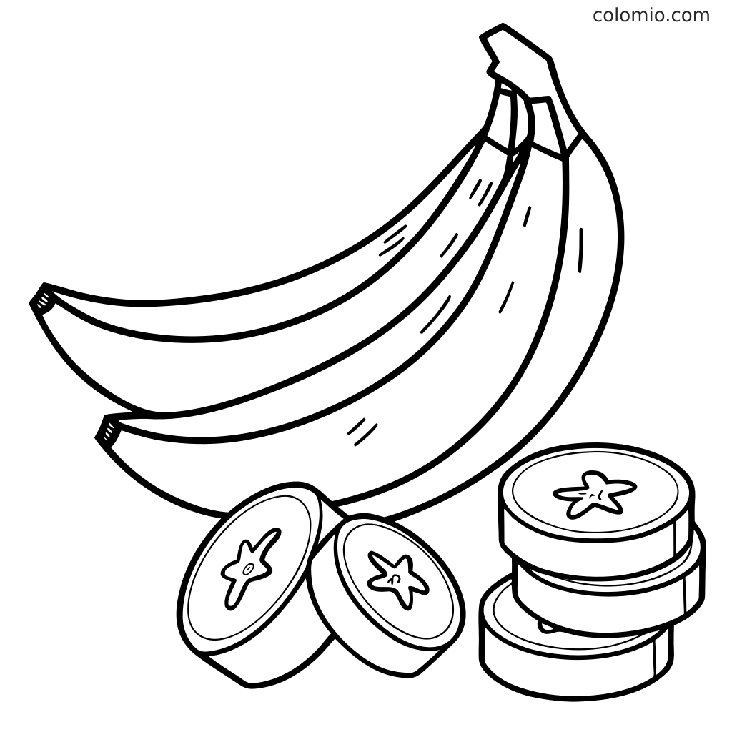 Un casco di banane con due banane intere e diverse fette di banana in un semplice contorno in bianco e nero da colorare.