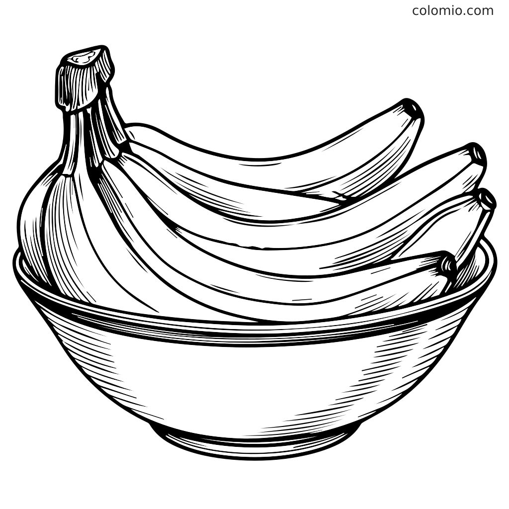 Een zwart-wit illustratie van bananen in een kom, perfect om in te kleuren.