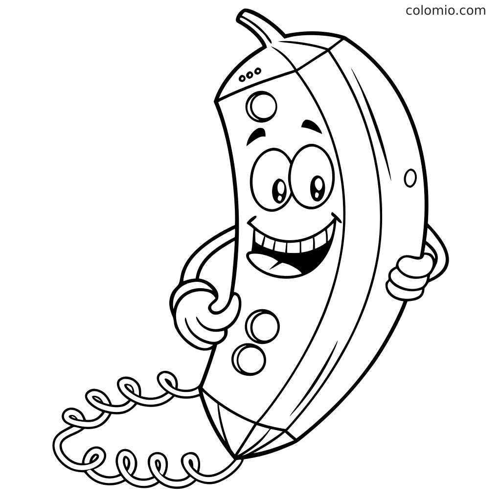 Un disegno da colorare di un telefono cartoon che mostra una cornetta sorridente con grandi occhi, pulsanti, mani e un cavo a spirale.