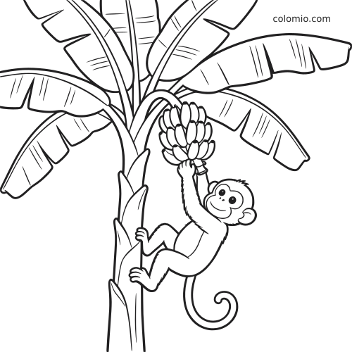 A cute cartoon monkey climbs a banana tree and reaches up toward a hanging bunch of bananas beneath large leaves.