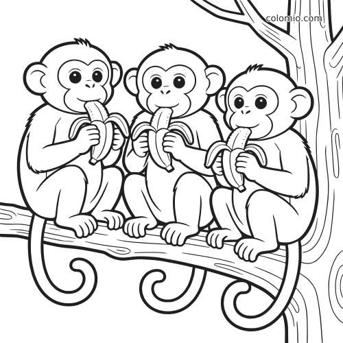 Three cute cartoon monkeys sit on a tree branch together, each holding and eating a peeled banana in a simple line drawing.