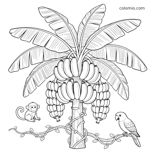A detailed banana tree with large bunches of bananas, broad leaves, a monkey, a parrot, and jungle vines.