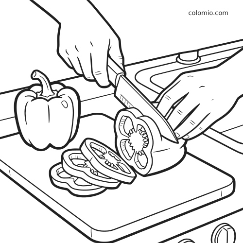 Illustrazione in bianco e nero di mani che affettano un peperone su un tagliere in cucina, con rondelle e un peperone intero accanto.