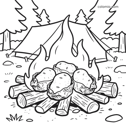 Disegno da colorare in bianco e nero con patate avvolte nella stagnola che cuociono su un falò da campeggio, davanti a una tenda e agli alberi.