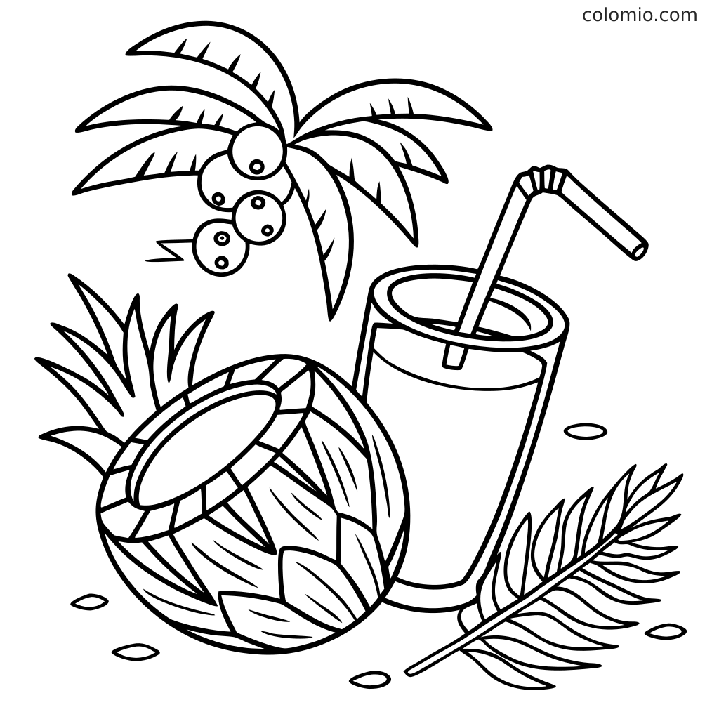 Fargeleggingsark som viser en kokosdrikk i et glass med sugerør, en hel kokosnøtt, palmeblader og en liten palme.