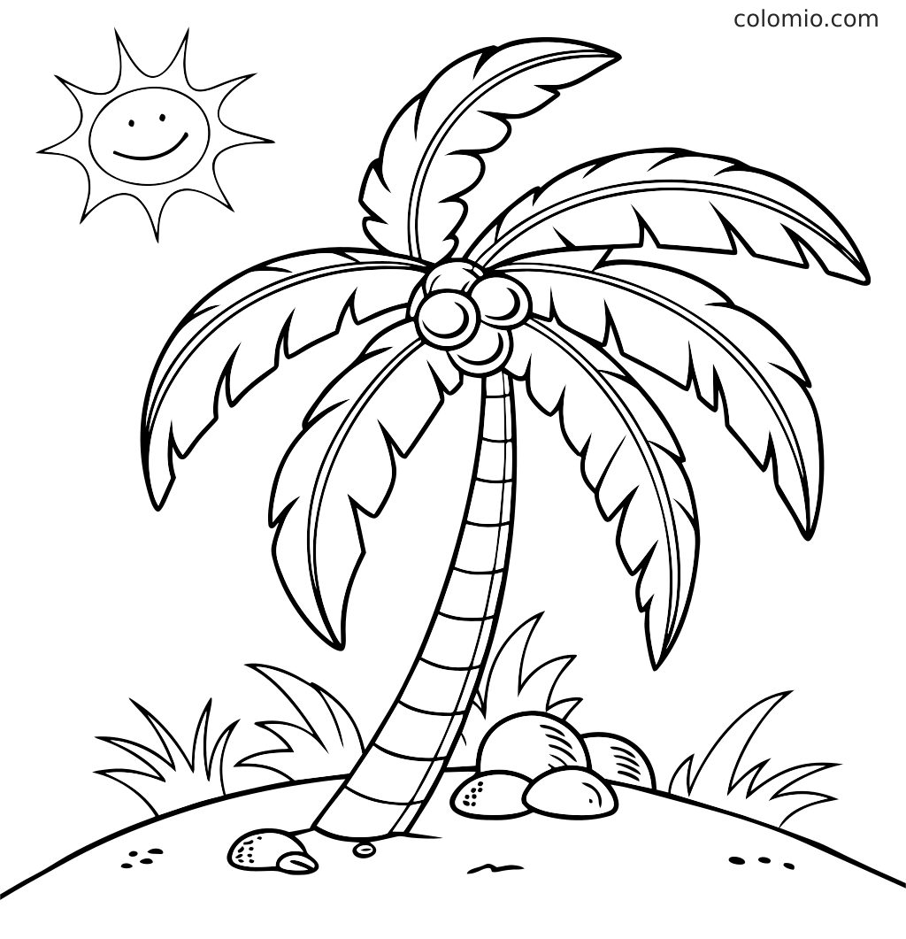 En fargeleggingsside med et palmetre med bøyd stamme, store blader, kokosnøtter, gress, steiner og en smilende sol over.