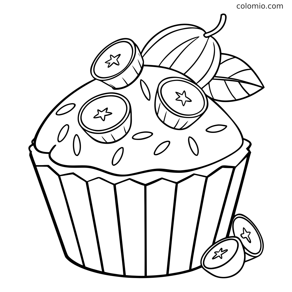 Uma página para colorir de cupcake com cobertura, fatias de carambola por cima e ao lado, além de uma carambola inteira e folhas atrás.