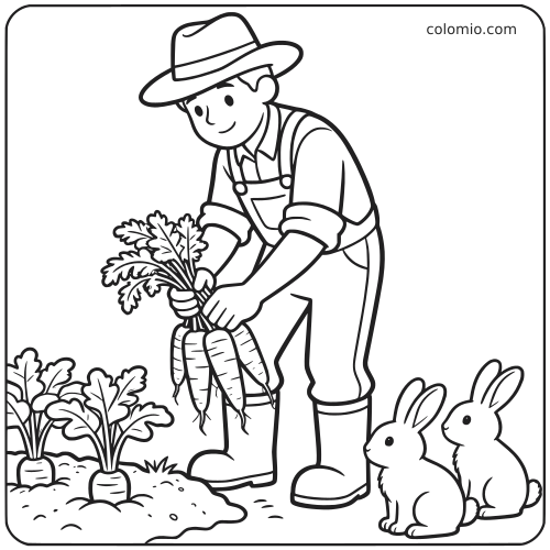 Een cartoonboer trekt een bos wortels uit de grond terwijl twee konijnen ernaast zitten in een eenvoudige moestuinscène.