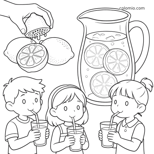 Illustrazione in bianco e nero di tre bambini che bevono limonata con cannucce, accanto a limoni spremuti e una brocca.