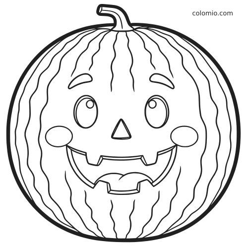 Un'anguria a cartone animato vista frontalmente, con faccia sorridente intagliata e contorni semplici e marcati.