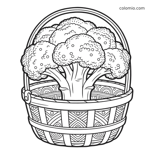 Disegno da colorare in bianco e nero con diversi broccoli dettagliati raccolti in un cesto di verdure intrecciato.