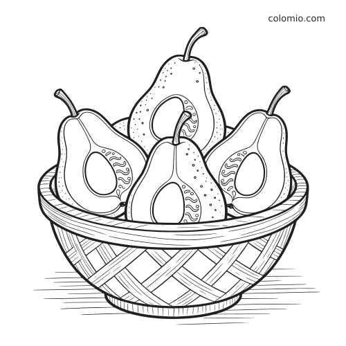 Disegno in bianco e nero di diverse pere intere e tagliate a metà disposte in una ciotola di frutta intrecciata.