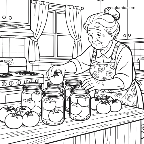 Illustrazione in bianco e nero di una nonna in cucina mentre mette i pomodori nei barattoli sul tavolo per conservarli.