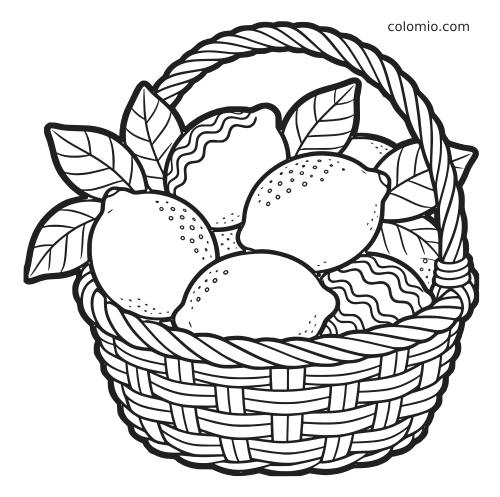 Disegno da colorare in bianco e nero con diversi limoni e foglie disposti in un cesto intrecciato con manico curvo.