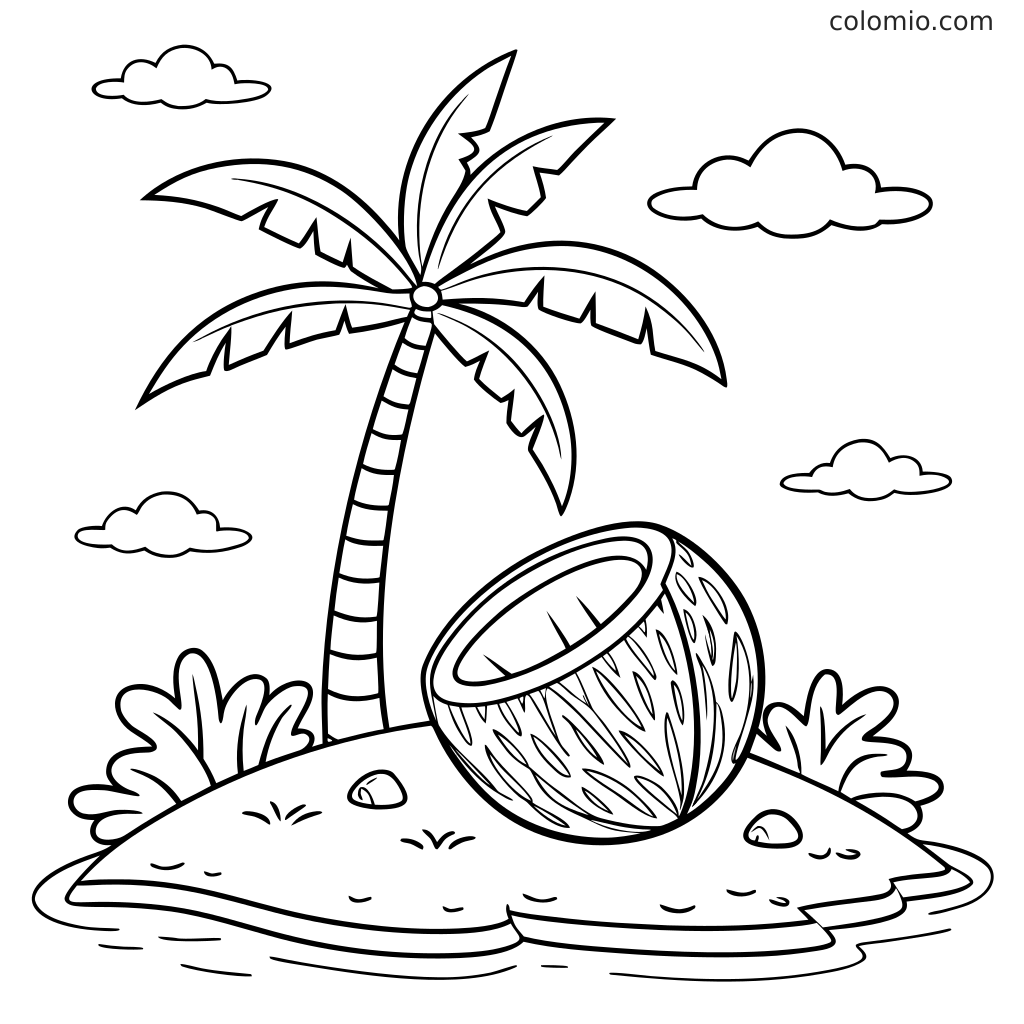 Un palmier se dresse sur une petite île avec une noix de coco dans le sable, entouré d’eau, de buissons et de quelques nuages.