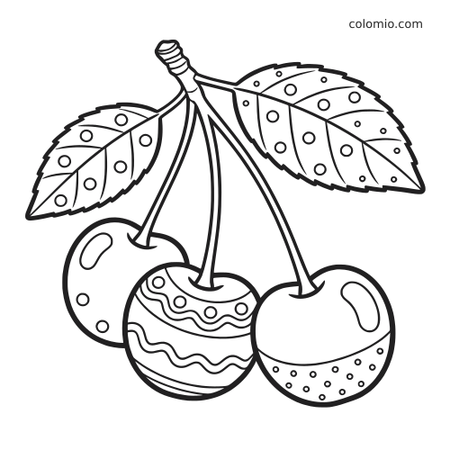 Tre ciliegie attaccate al gambo con due foglie, disegnate con motivi decorativi a pois e linee ondulate.
