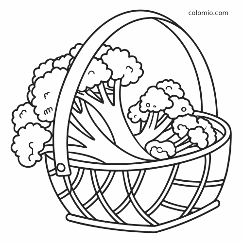 Disegno da colorare in bianco e nero con diversi broccoli dentro un cestino di verdure visto di lato, con grande manico arcuato.