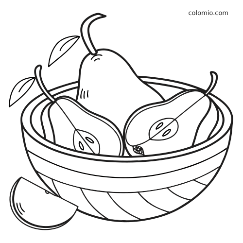 Illustrazione in bianco e nero di alcune pere in una ciotola di legno, con due foglie e una fetta di pera accanto.