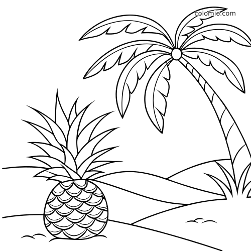 Un semplice ananas in bianco e nero con foglie appuntite su una spiaggia tropicale, accanto a una palma curva e dune di sabbia.