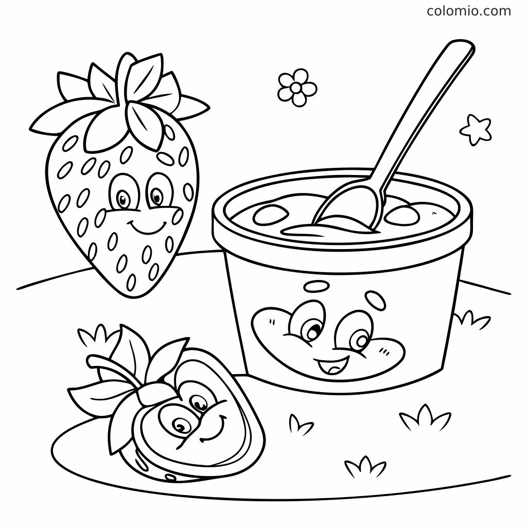 Un pot de yaourt à la fraise avec une cuillère est représenté à côté d’une fraise entière et d’une fraise coupée sur un coloriage simple.