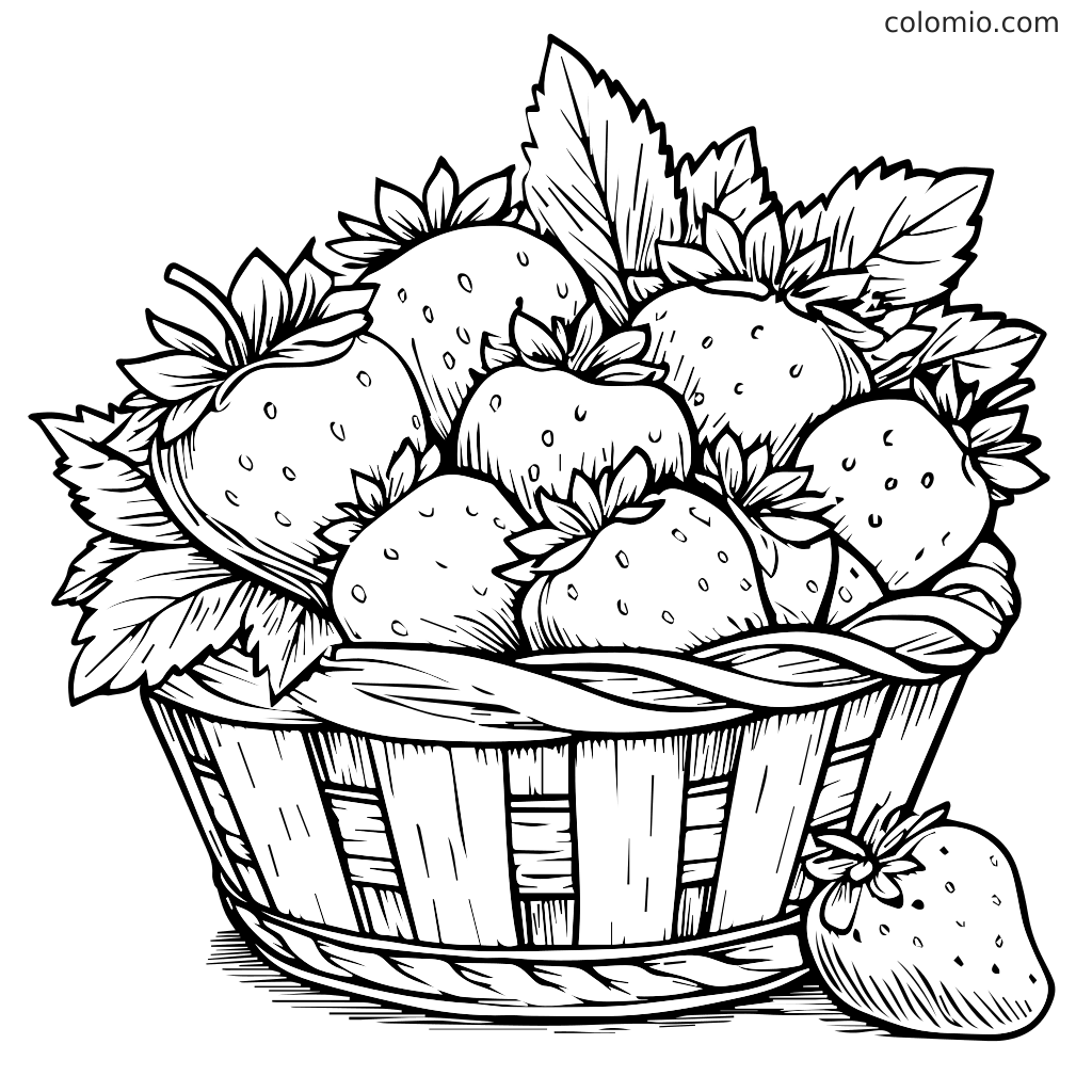 Een gedetailleerde zwart-wit illustratie van een mand vol verse aardbeien en bladeren, perfect om in te kleuren.
