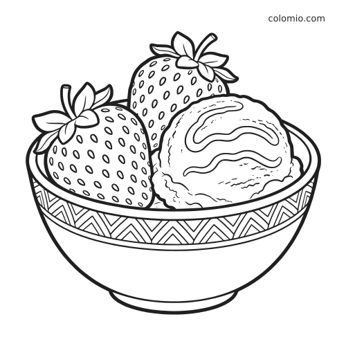 Een kom met twee grote aardbeien en een bolletje ijs, met een rand met patroon in strakke zwarte lijnen.