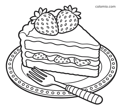 Zwart-witte tekening van een gedetailleerde punt aardbeientaart op een bord met een vork, roomlagen en aardbeien bovenop.