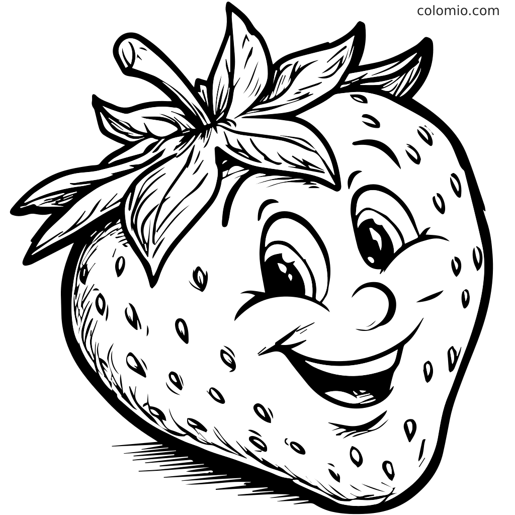 Pagina da Colorare Fragola Felice per Bambini Una fragola sorridente in stile cartone animato con una cima fogliosa, progettata per attività di colorazione.